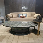 Oval Marble-Top Coffee Table with Sculpted Base and Natural Wood Veneer Detailing